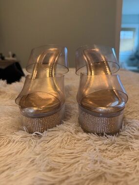 Cape Robbin Clear Strap Platform Sandals with Rhinestone Heel - Rose Gold